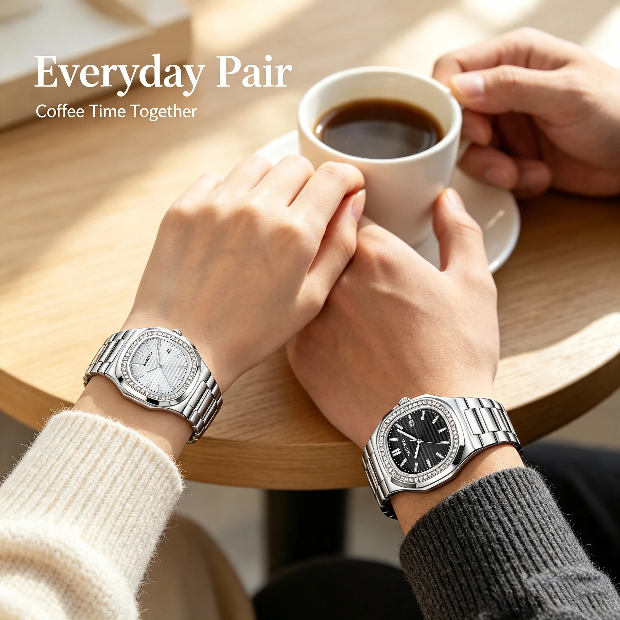 BANGWEI Quartz Couple Watches Diamond Waterproof Dress Wristwatch Luminous Date Fashion Watch For Men Women+Box