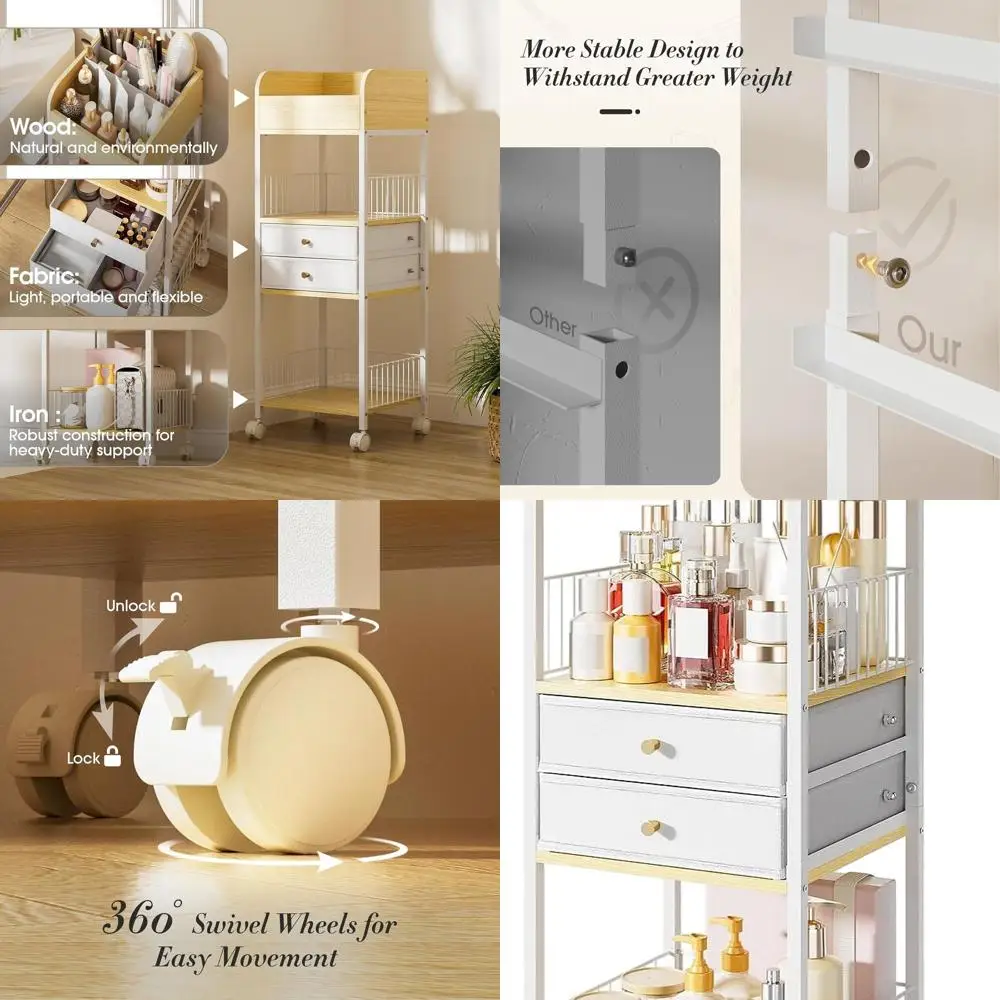 

Rolling Makeup Storage Cart with Drawers, Mobile Bathroom Organizer, Multi-Purpose Vanity for Skincare, Perfume, Hair & Nail Acc