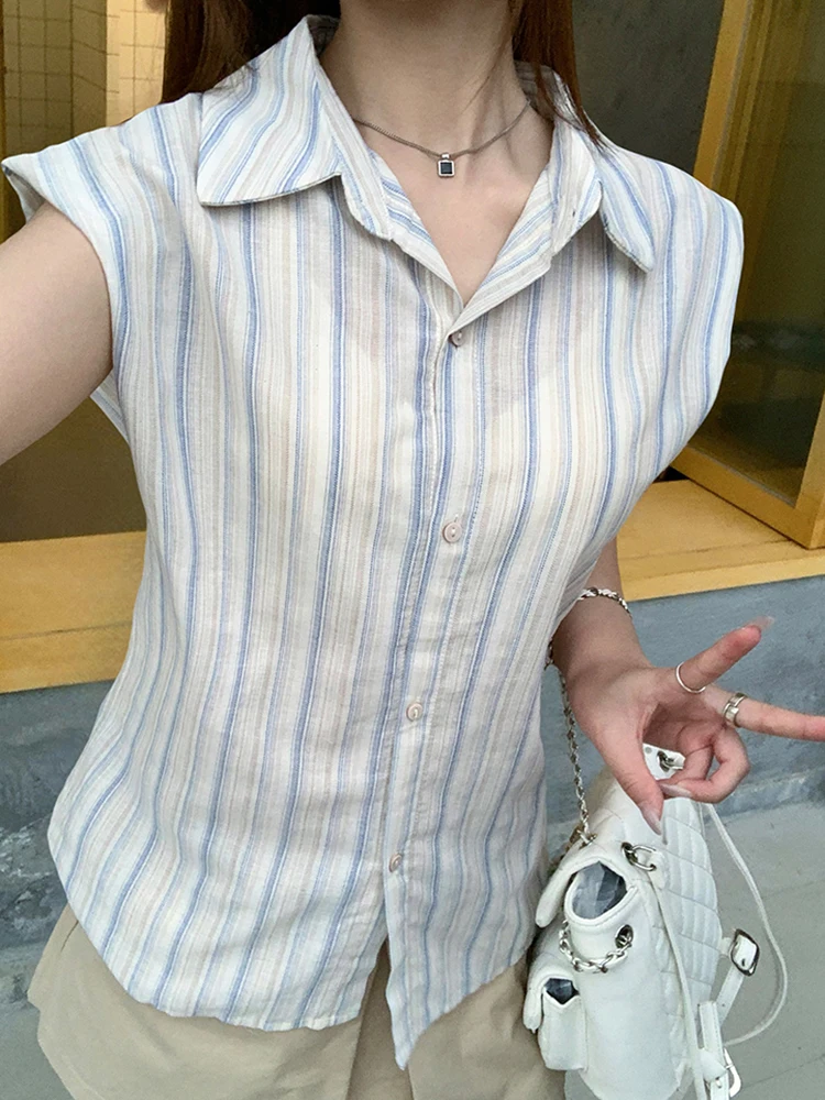 Women Vintage Striped Shirt Casual Korean Sleeveless Retro Sweet Blouse Summer Turn Down Collar Female Simple Design Tops