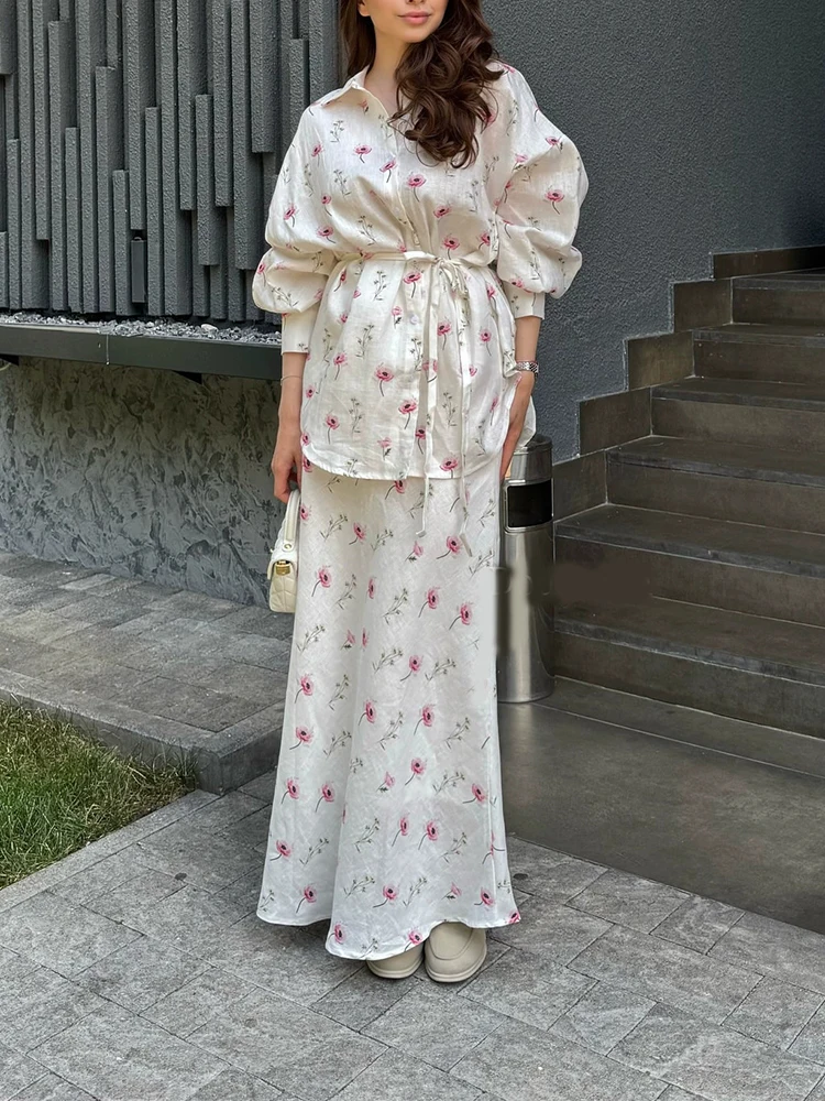 

Fashion Floral Printed Satin Outfits Spring Summer Women's New Sets Elegant Lapel Long Sleeve Lace Up Cardigans&Half Skirts Sets