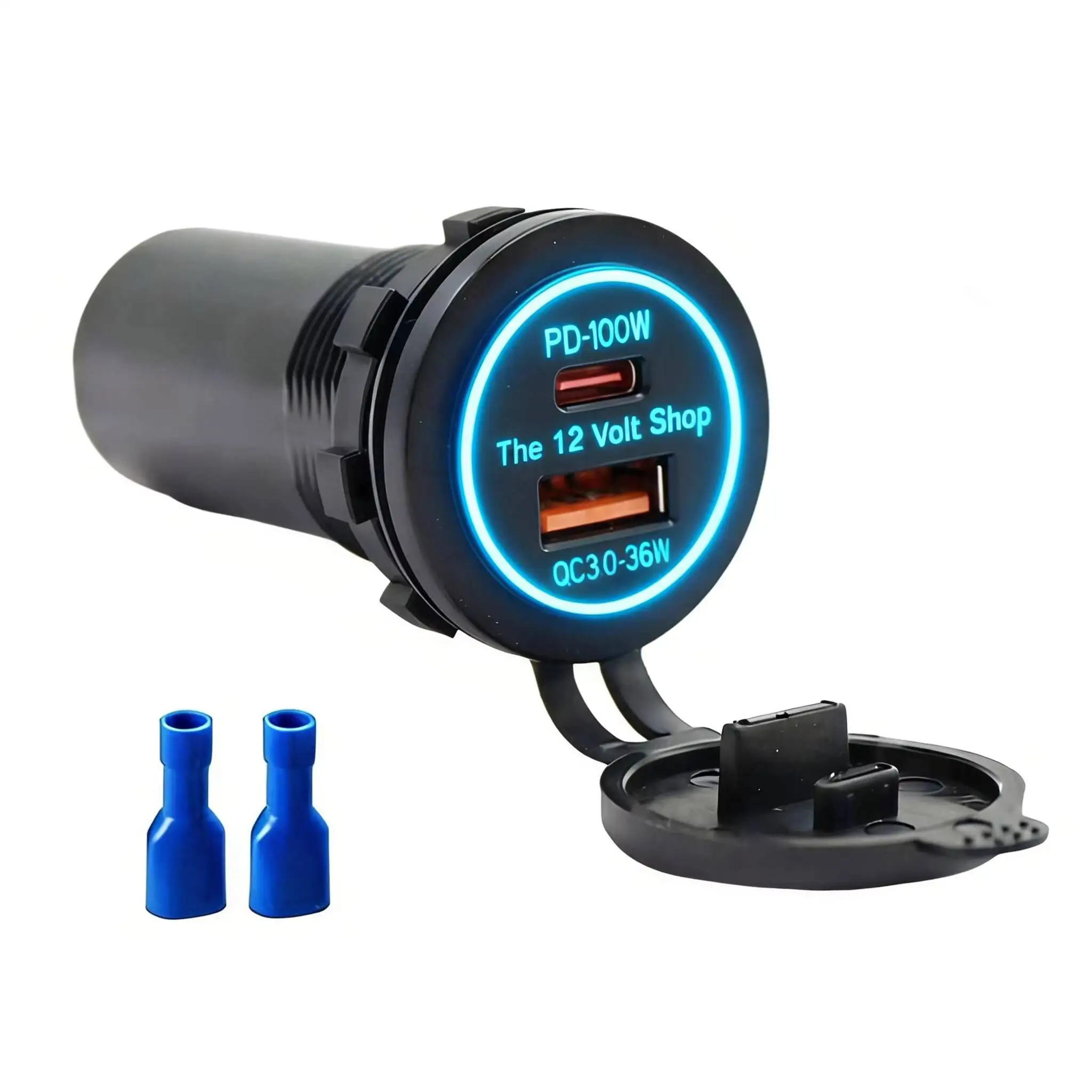 

12-24V Auto Type-C 100W PD Charger With QC3.0 AUX Port Dual Ports For Mobile Phones And Computers