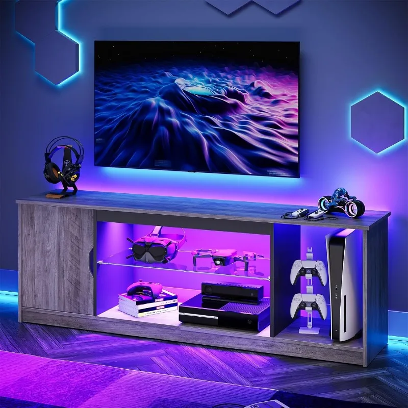 LED TV Stand for PS5,Modern Gaming Entertainment Center with Cabinet for 60/65 Inch TV, TV Console with Adjustable Glass