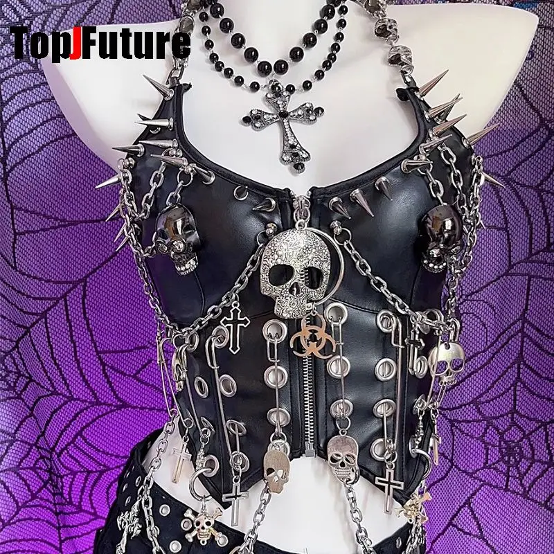 Y2KสาวSteampunkผู้หญิงGothic Lolita Punk Harajuku Streetwear PU Skull Headเข็มขัดSpike Trim Crop Tops Rivetโซ่โลหะด้านบน