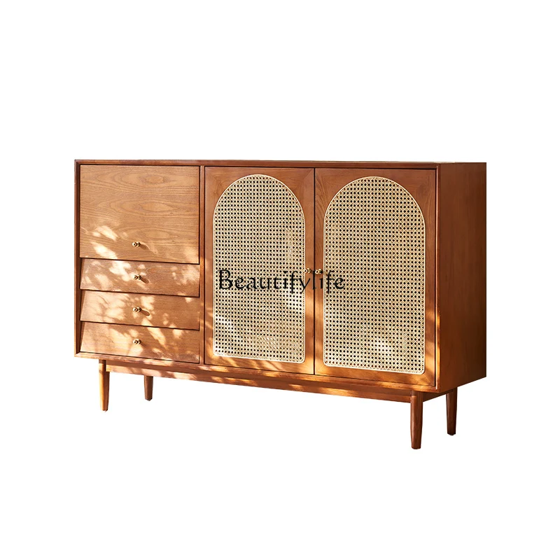 

Wabi Sandy Wind Solid Wood Dining Side Cabinet Small Apartment Living Room Nordic Rattan Locker