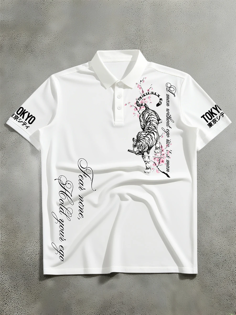 New Men's Short-Sleeve Polo, Japanese Style Tiger and Cherry Blossom Print Polo Streetwear Oversized Loose Casual