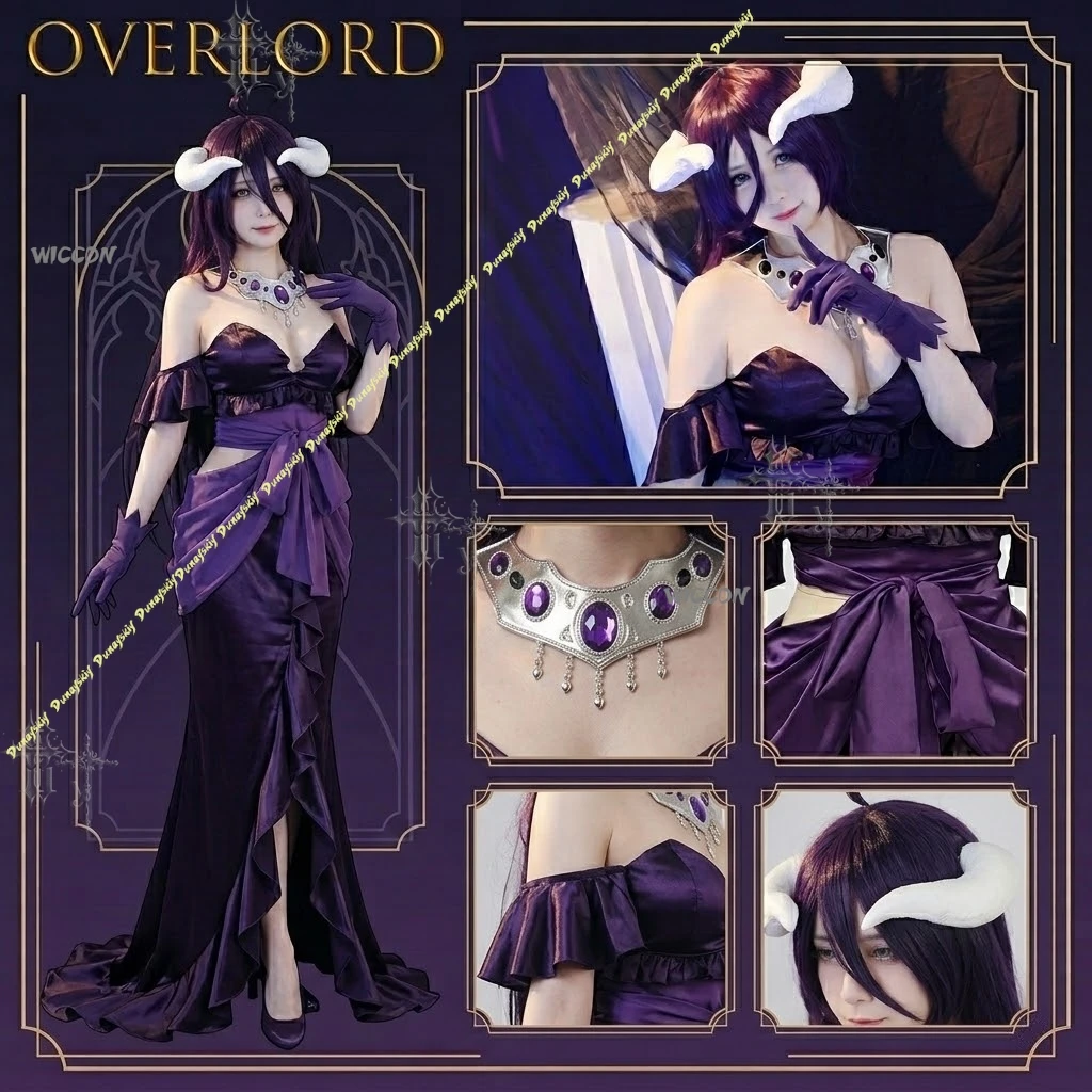 Costume de cosplay Albedo de l'anime Overlord, avec cornes de bélier spirales blanches, perruque pour Halloween et carnaval