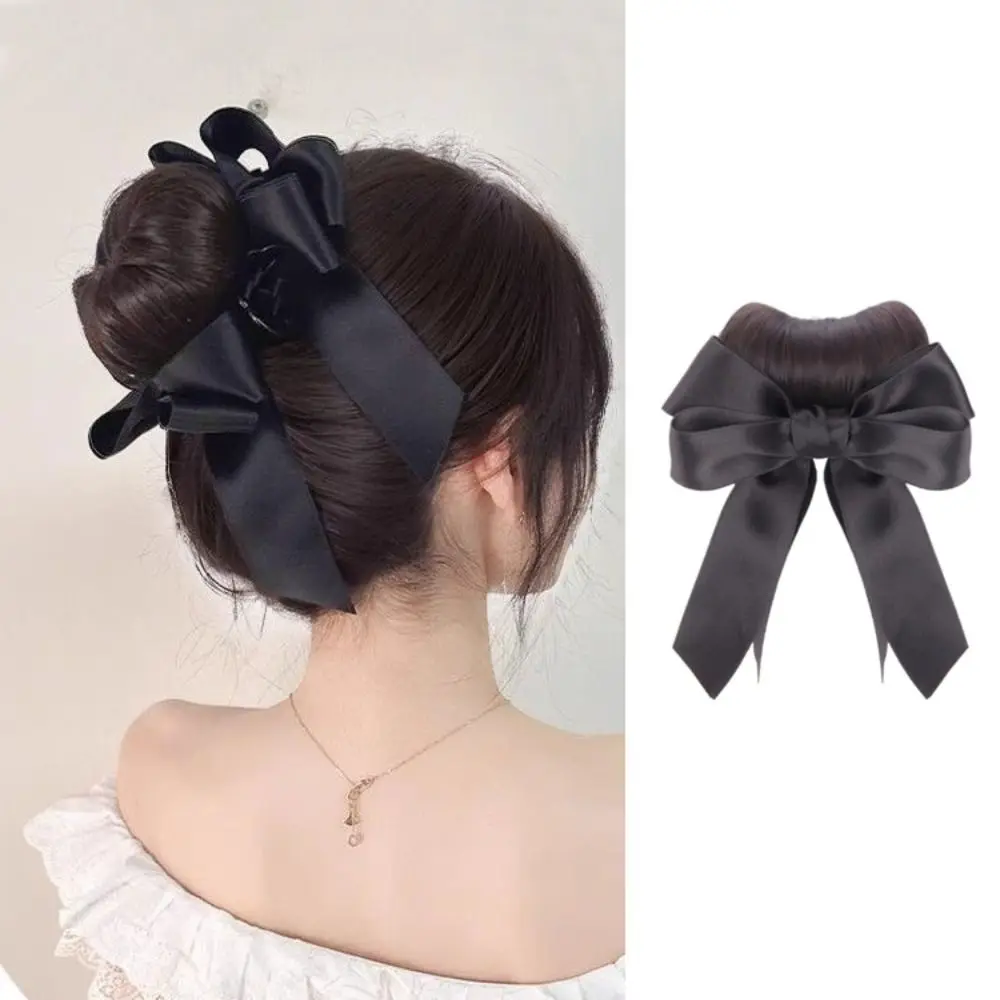 

New Synthetic Hair Bun Claw Clip Ribbon Bowknot Bun Head Wig Natural Fluffy Hairpiece Women