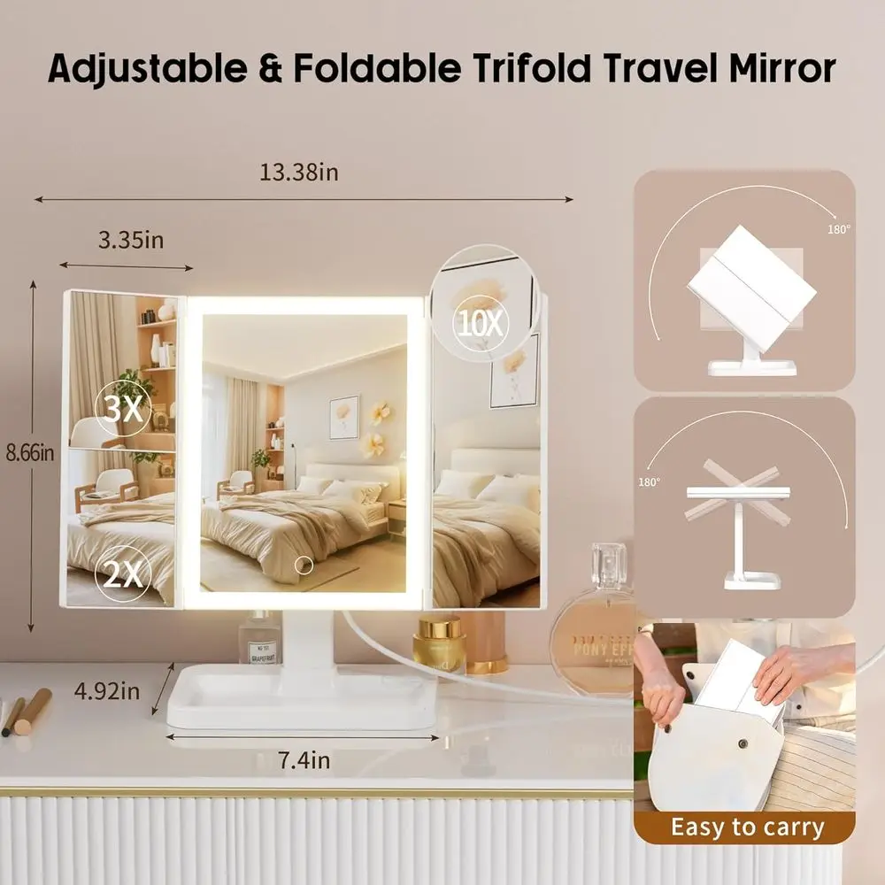 Illuminated Travel Makeup Mirror with Rechargeable LED, 2X-10X Magnification & 3 Light Colors for Portable Use & Gifts