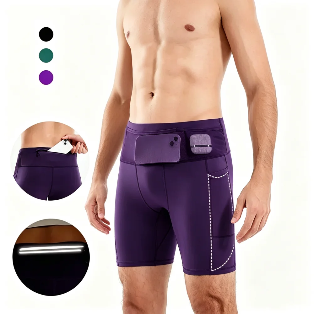 Multi-Pockets Marathon Running Shorts Moisture Wicking Breathable Outdoor Sports Cycling Fitness Tight Shorts Quick Dry