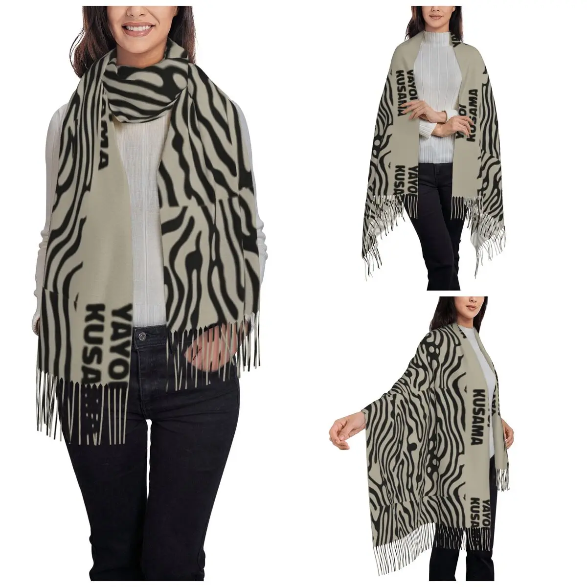 Tokyo 1998 Yayoi Black Line Scarf for Womens Winter Fall Cashmere Shawls and Wrap Yayoi Kusama Large Scarves with Tassel Ladies