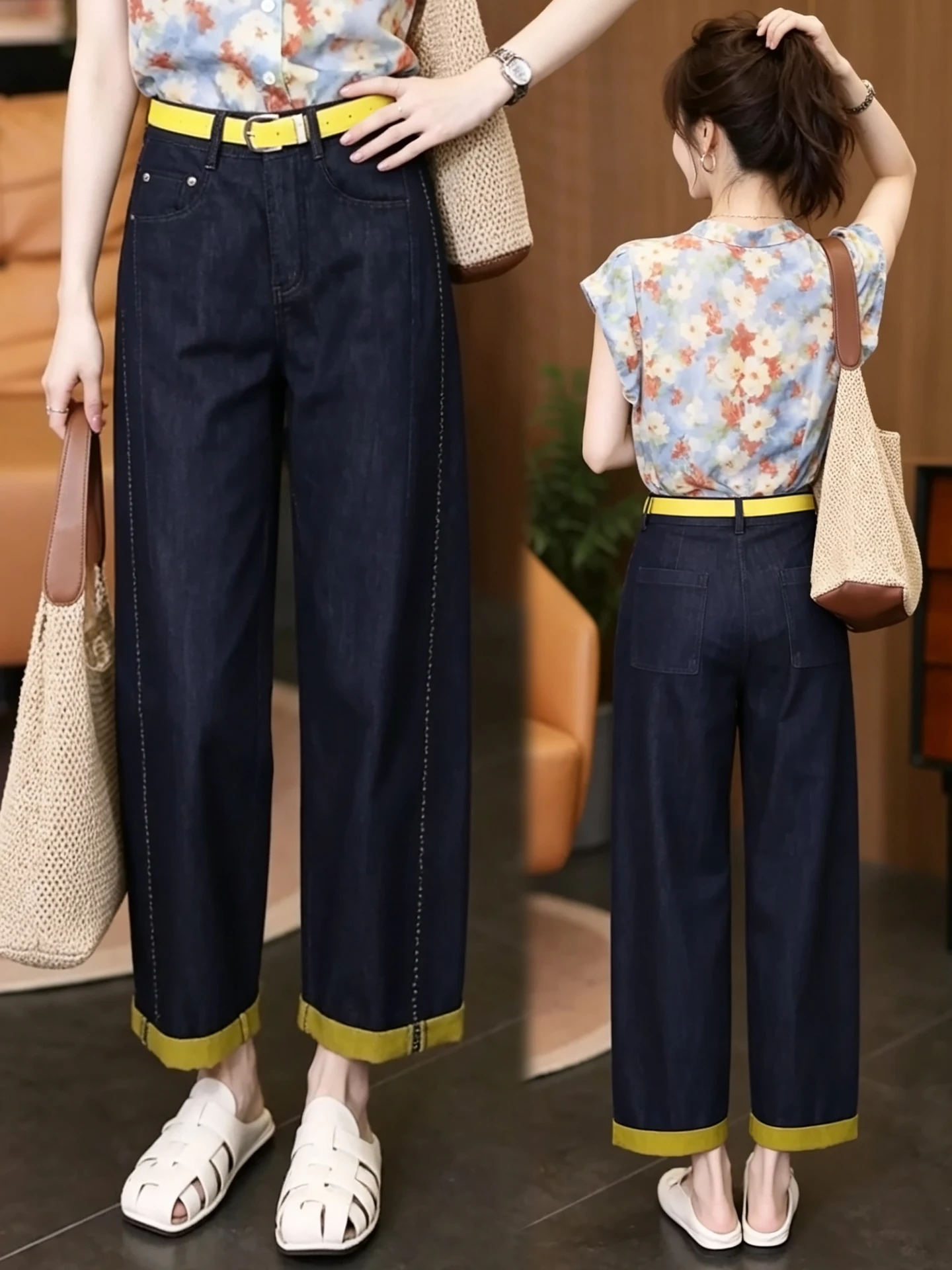 

Summer Thin High Waist Denim Scythe Pants Women's Cuffed Loose Fit Casual Jeans Soft Breathable Wear Resistant