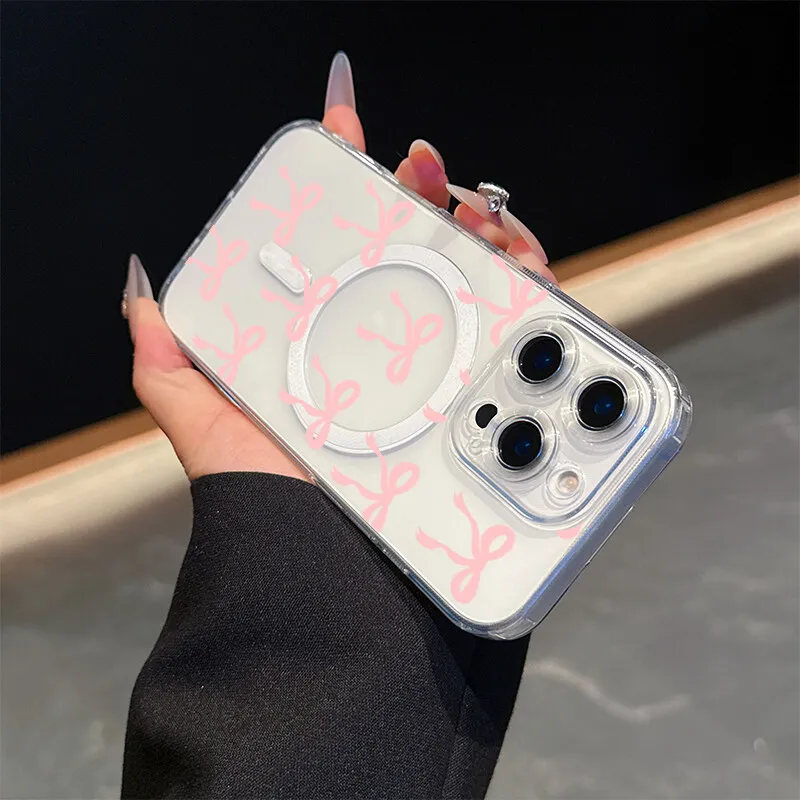 Flowers Floral Magsafe Magnetic Case for Iphone 16 Pro Max 11 12 13 14 15 Pro Max 12 13 Mini 16 Plus Y2K Pink Bow Charging Cover
