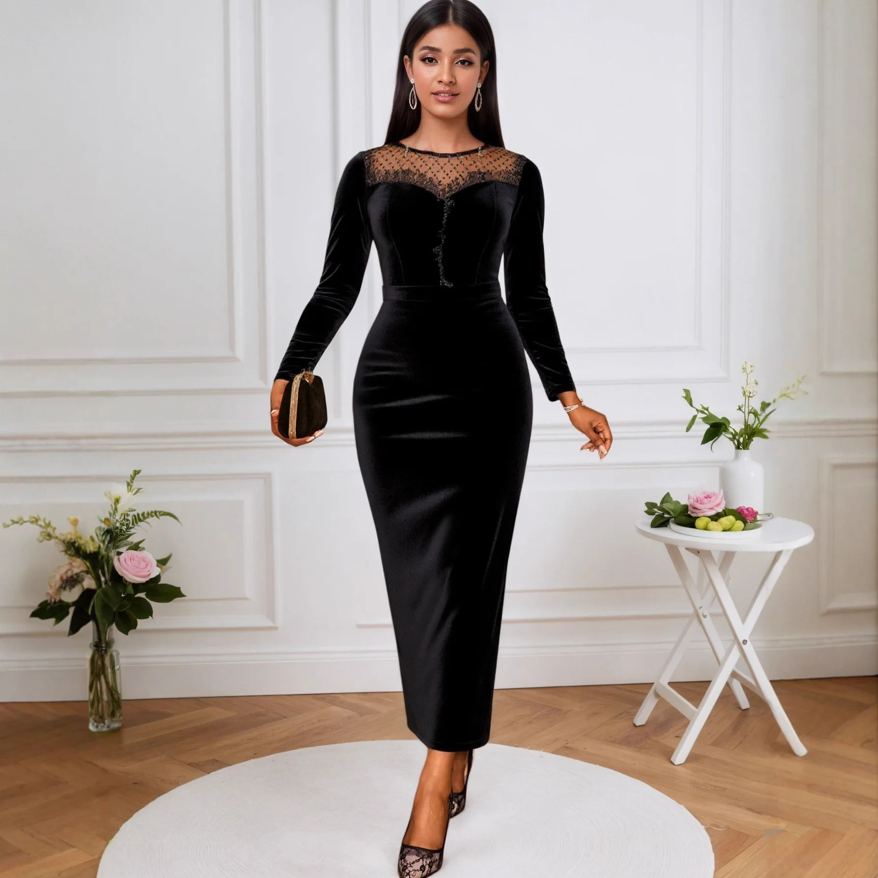 French Round Neck Sheer Velvet Dress Sexy Mesh Patchwork Long Sleeve Slim Fit Bodycon Evening Gown Dress Robe Vestido Women