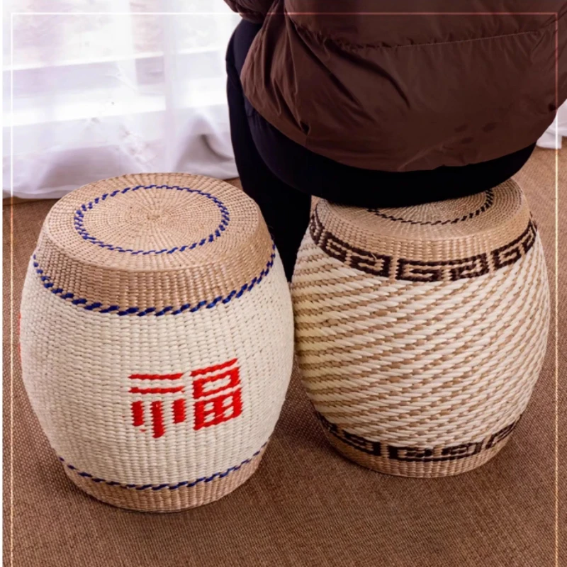 Woven Straw Tea Table Stool Round Floor Seat for Living Room Entryway Drum Stool Ottoman Natural Fiber Changing Shoe Stools