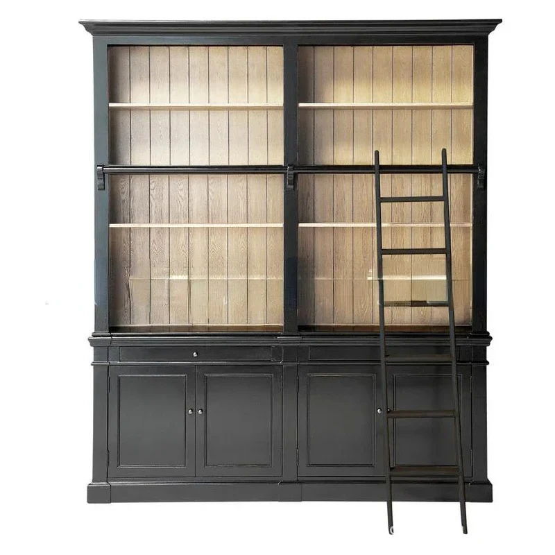 

Книжный шкаф из цельного дерева в американском стиле с лестницей в стиле ретро, второй рук, черный цвет, два комплекта шкафчиков для книжного шкафа