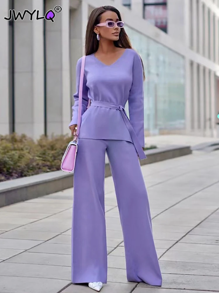 

Solid Color Simple V-neck Long Sleeve Belt Pullover Sweater+drawstring Trousers Two Piece Set Women Casual Streetwear Pants Sets