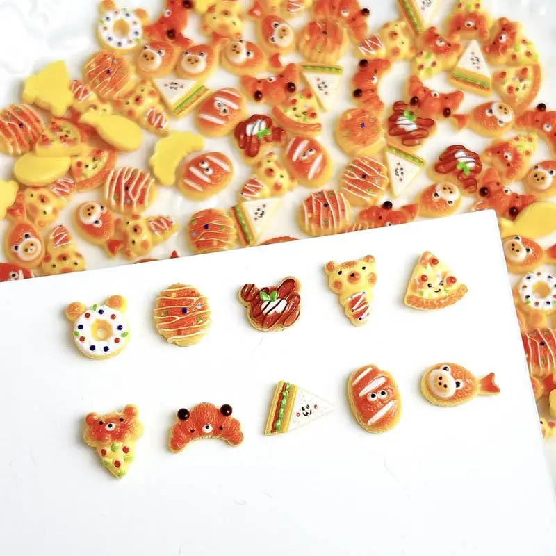 30PCS Creative Pizza Sandwiches Resin Nail Charms Simulated Scorched Croissants Donut Cake Series Nail Art Decorations for DIY