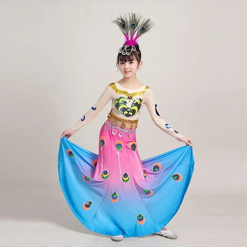Costume de danse Dai national chinois pour enfants, queue de poisson, vêtements de danse de paon de minorité, vêtements de scène folkloriques féminins