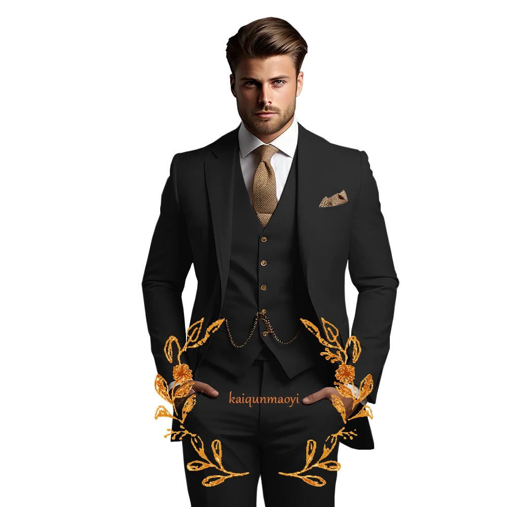 Men\'s Beige Suit (Jacket + Vest + Pants) Elegant Style High-quality tailor-made Dress for Wedding Tuxedo