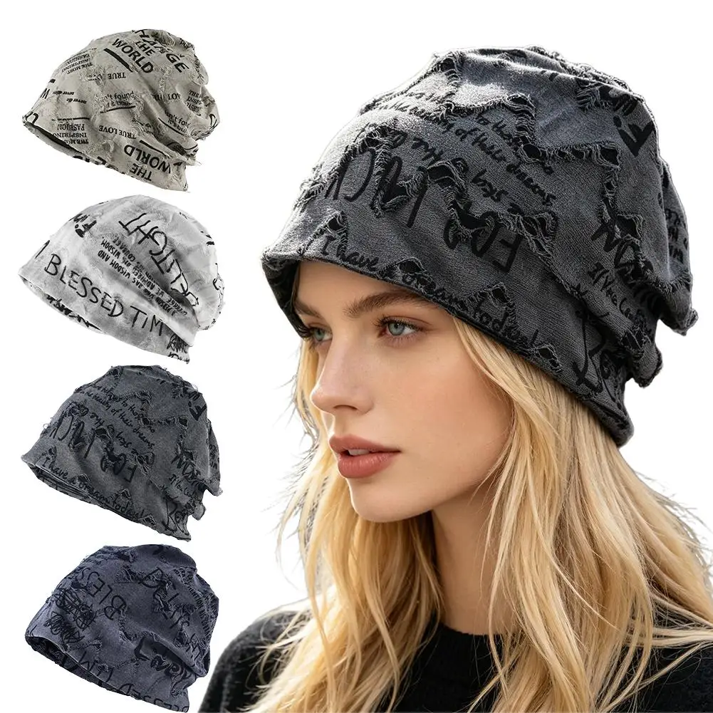 Women Slouchy Beanie Retro Letter Print Loose Oversized Skull Cap Soft Polyester Warm Autumn Winter Hat
