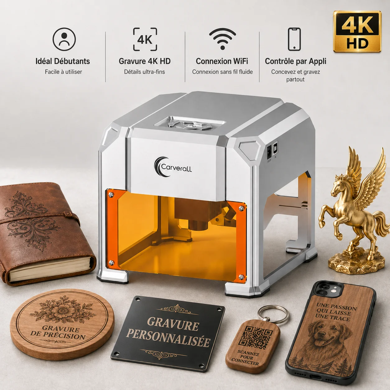 Carverall K4 Graveur Laser 3W, Mini Machine Portable avec Contrôle par App WiFi et USB, Zone 80 x 80 mm, Précision jusqu’à 0,01 mm, pour Bois, Bambou, Cuir, Papier, Carton, Cadeaux DIY, Idéal