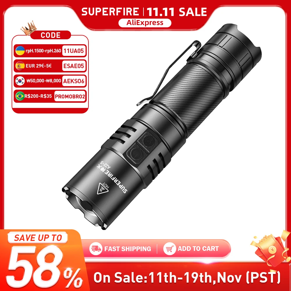 

SUPERFIRE A22-S Tactical Flashlight 36W Rechargeable Torch with Zoomable LED 2300LM Power Indicator USB-C Gear Memory Function