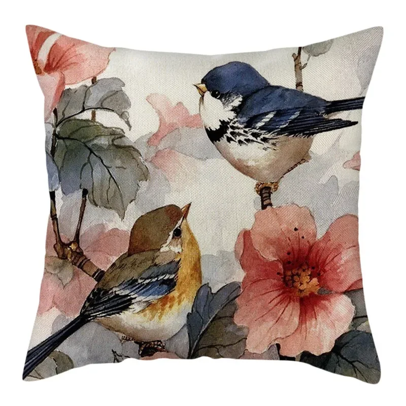 Colorful Bird Magpie Printed Cushion Cover Cotton Linen Decorative Pillow Cover Flora and Fauna Pillowcases for Home Chair Sofa