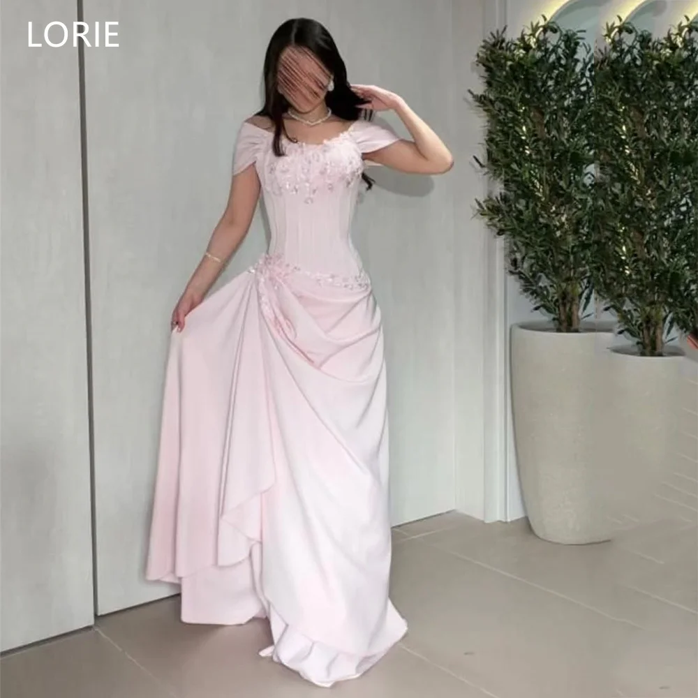 LORIE Bezaubernde rosa Satin-Partykleider, schulterfreie Abendkleider, Blumen-geraffte Ballkleider 2026, individuell gestaltet