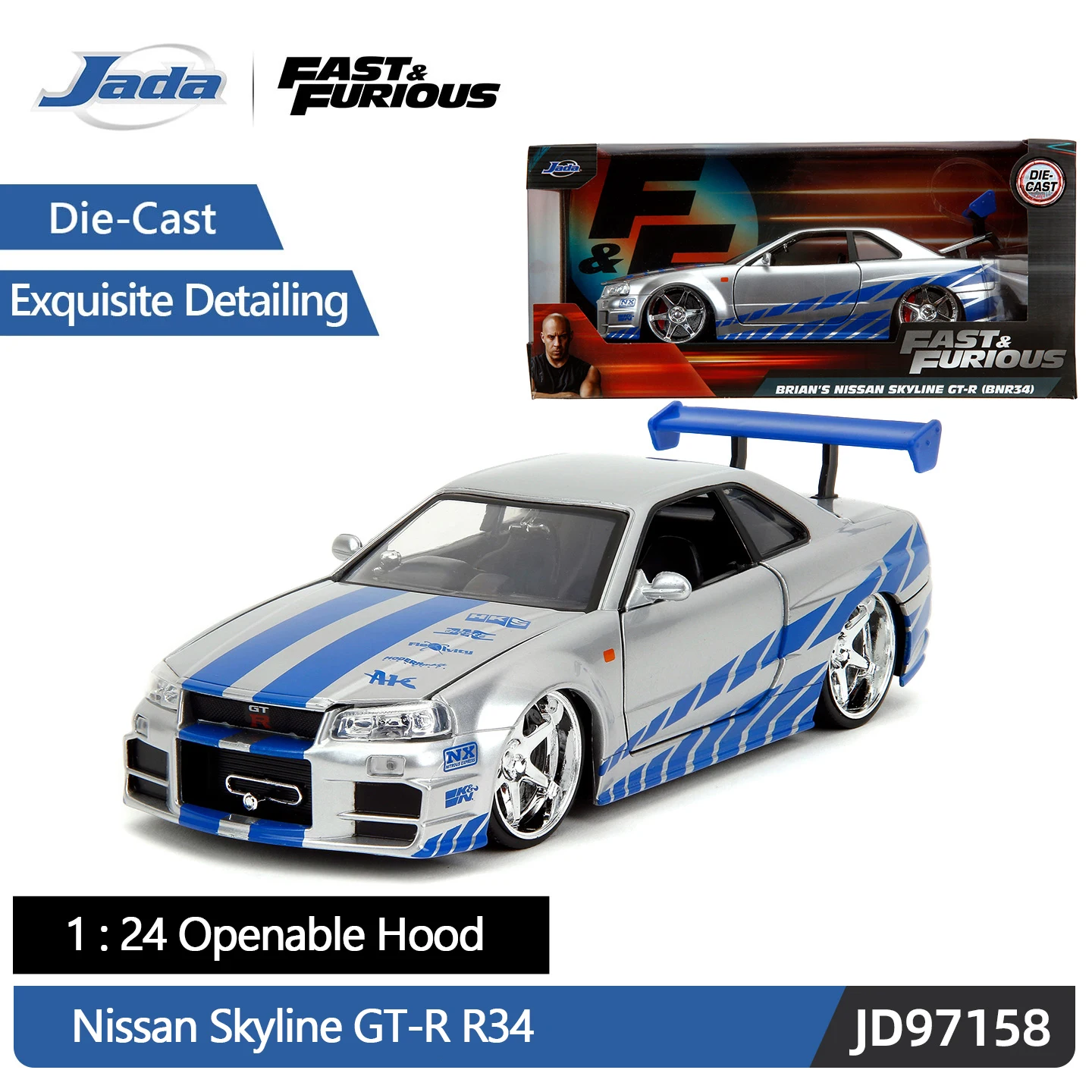 JADA 1:24 패스트 앤 퓨리어스 닛산 스카이라인 GT-R R34 다이캐스트 모델 - 아이코닉한 실버 & 블루 스카이라인 (도어 개폐 가능) JD97158