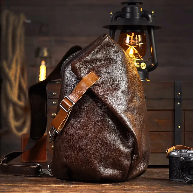 Original vintage designer handmade genuine leather men\'s chest bag fashion luxury outdoor daily real cowhide crossbody bag