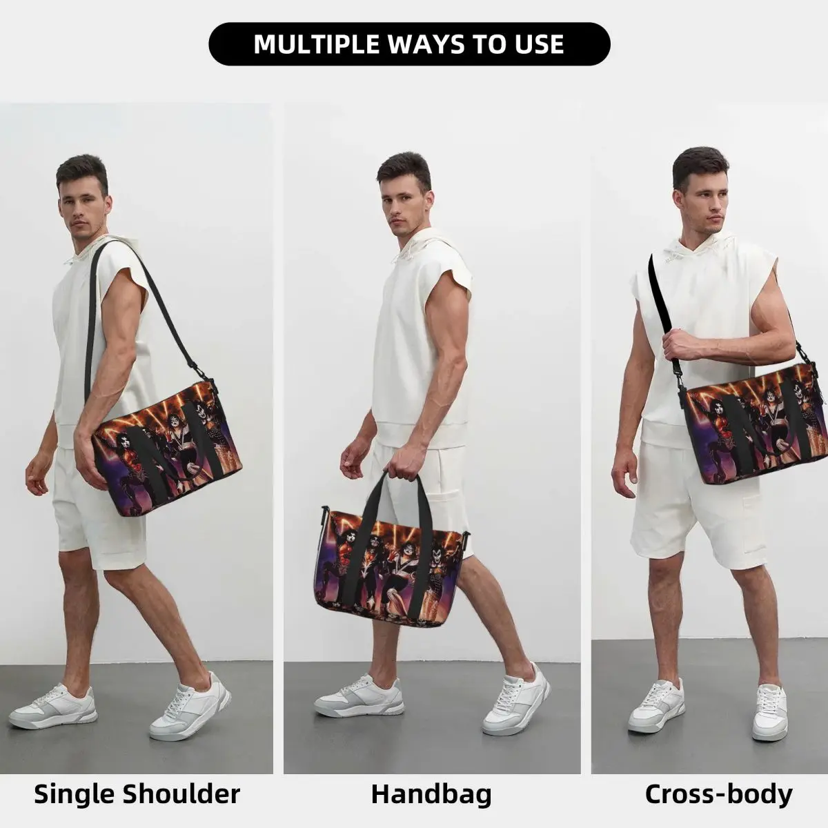 KISS The Band – Destroyer Fire Log Strand-Reisetasche, große Kapazität, Tragetaschen für Fitnessstudio, Sport, Frauen, Einkaufen, Reisetasche, Umhängetasche