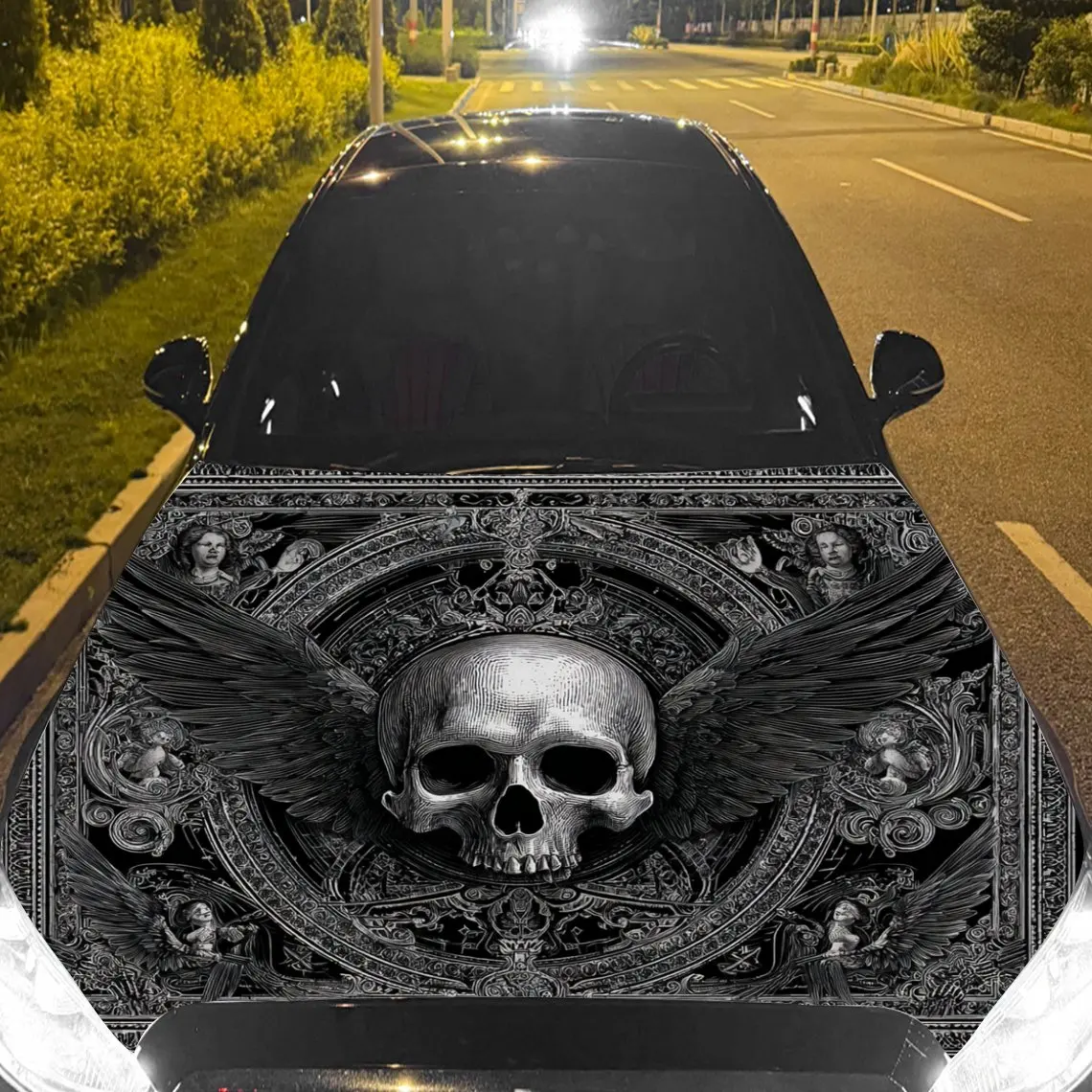 

Виниловая пленка для автомобиля с винтажным рисунком крылатого черепа, водонепроницаемая наклейка на капот автомобиля из ПВХ, самоклеящиеся устойчивые к царапинам наклейки