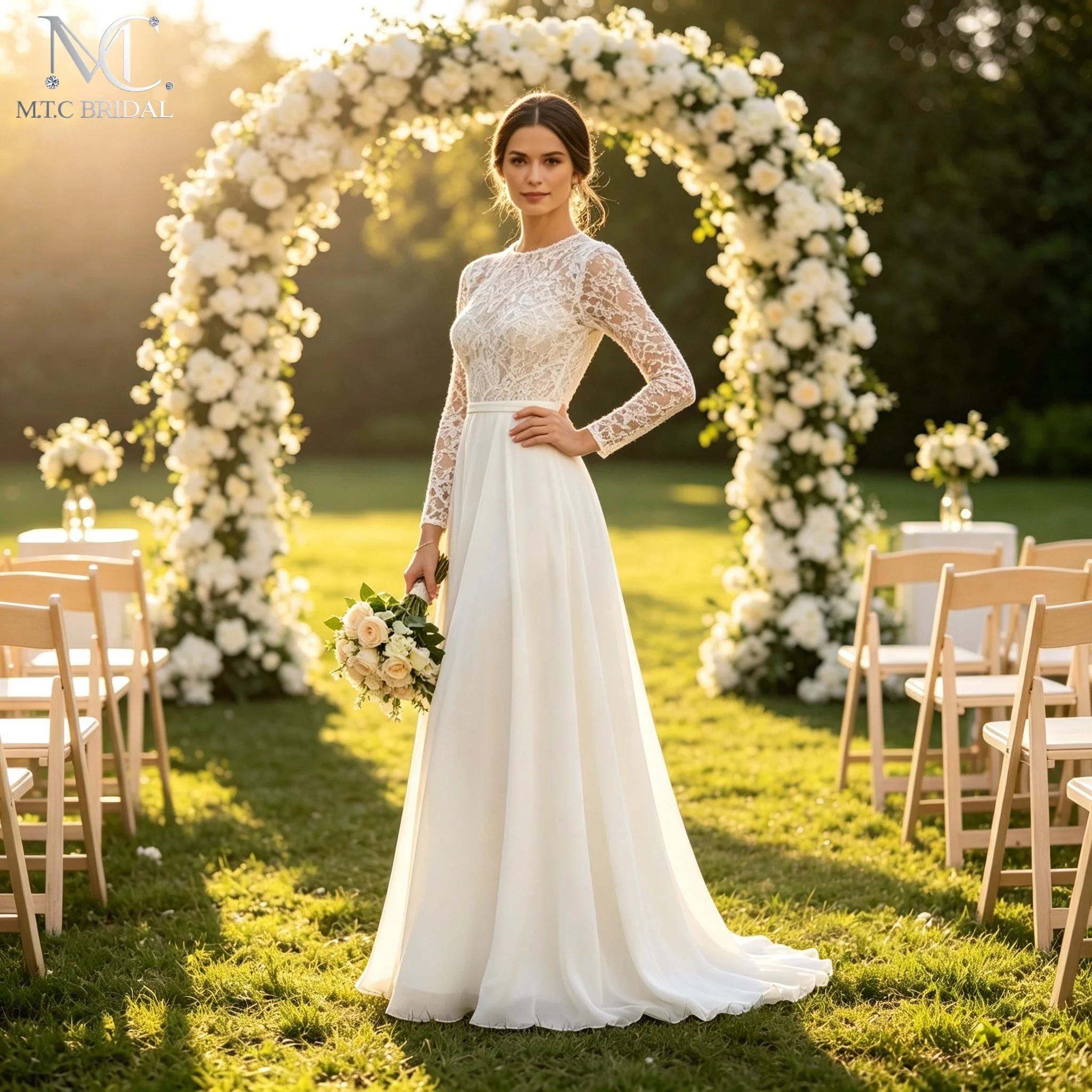 Long Lace Wedding Dress A Line Full Sleeves Chiffon Floor Length Garden Outdoor Wedding Gowns For Bride Vestido De Noiva