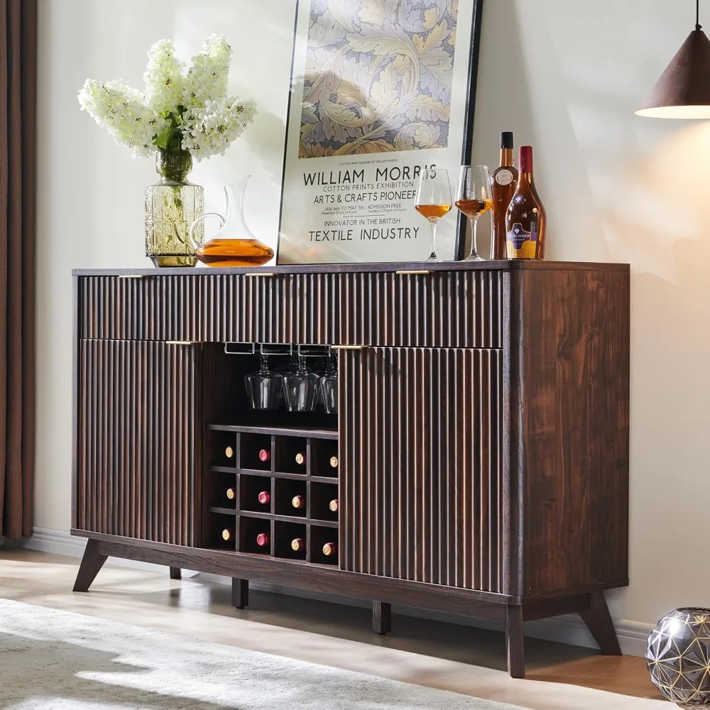 

Fluted Wine Bar Cabinet for Liquor, 60" Modern Coffee Bar Cabinet w/Wine & Glass Rack, Large Buffet Sideboard w/ 3 Storage Draw
