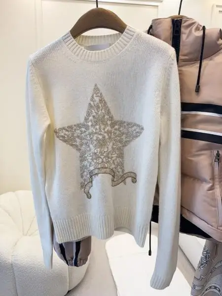 Golden Star Cashmere Sweater 2025 New Style Elegant Chic Neck Design Long Sleeve round Collar Regular Thickness Summer Wear
