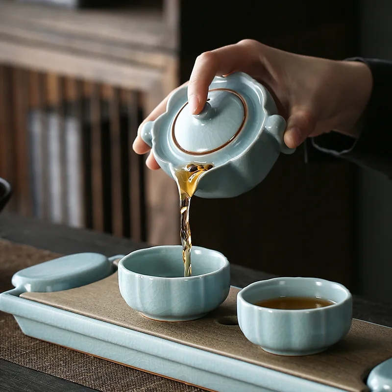 Ru Kiln Convenient Tea Cup Set Household Kung Fu Gracked Glaze One Pot Two Cups Vintage Ceramic Bamboo Tray Suit