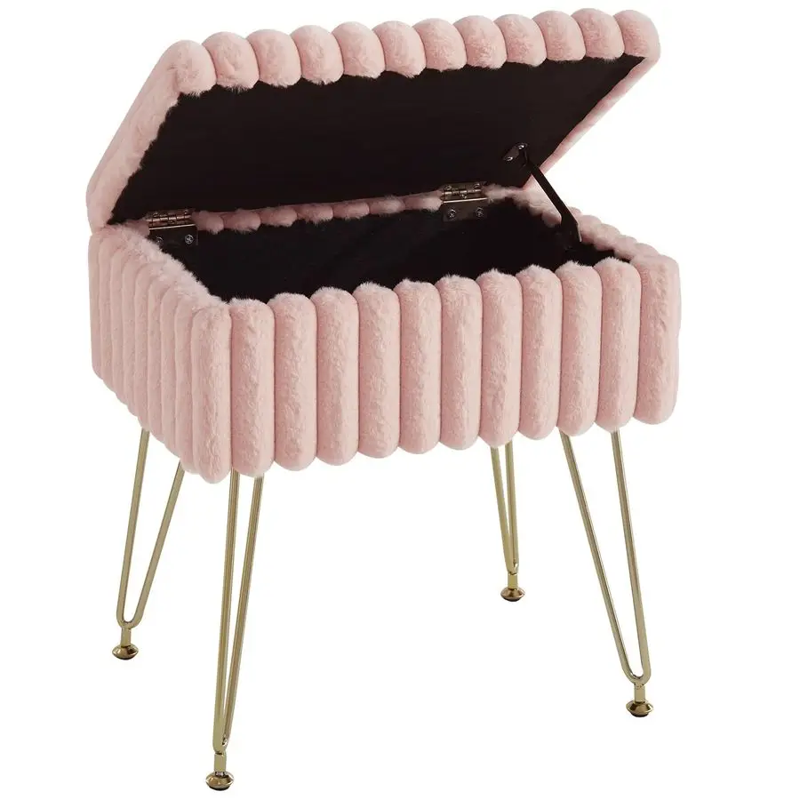 

Stool Chair with Storage, Faux Fur Stools for Vanity Makeup, Foot Stool Ottoman with 4 Metal Legs, Small Vanity Bench Seat Chair