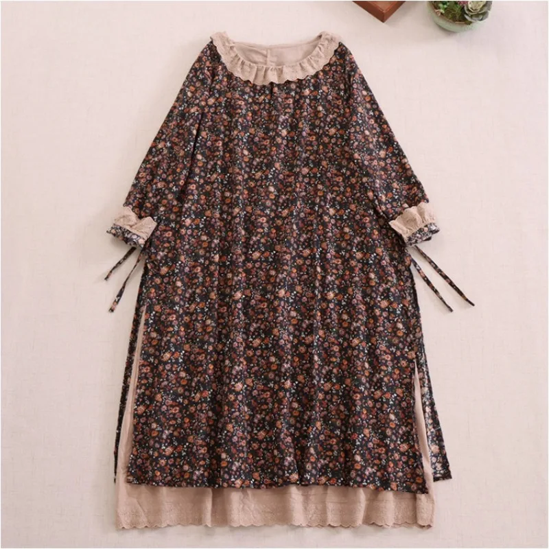 Vintage Cute Cotton Linen Women Dresses Lace Ruffles Collar Loose Boho Style Long-sleeved Floral Print Long Female Dress Vestido