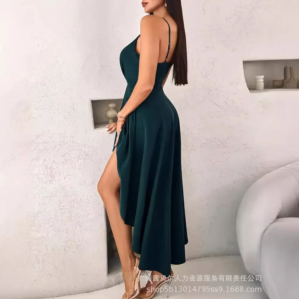 Women Long Loose Dress Sleeveless V Neck Solid Color High Waist Ruffles Sexy Fashion Dress