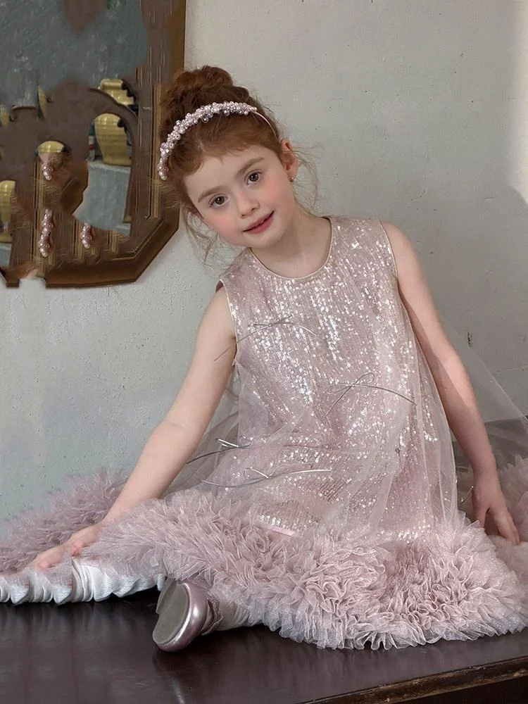 Custom Luxury Dress Flower Girl Wedding Gown Pageant Pink Sleeveless Glitter Ruffle Tulle Kid Luxe Bday Guest Formal Gowabcde