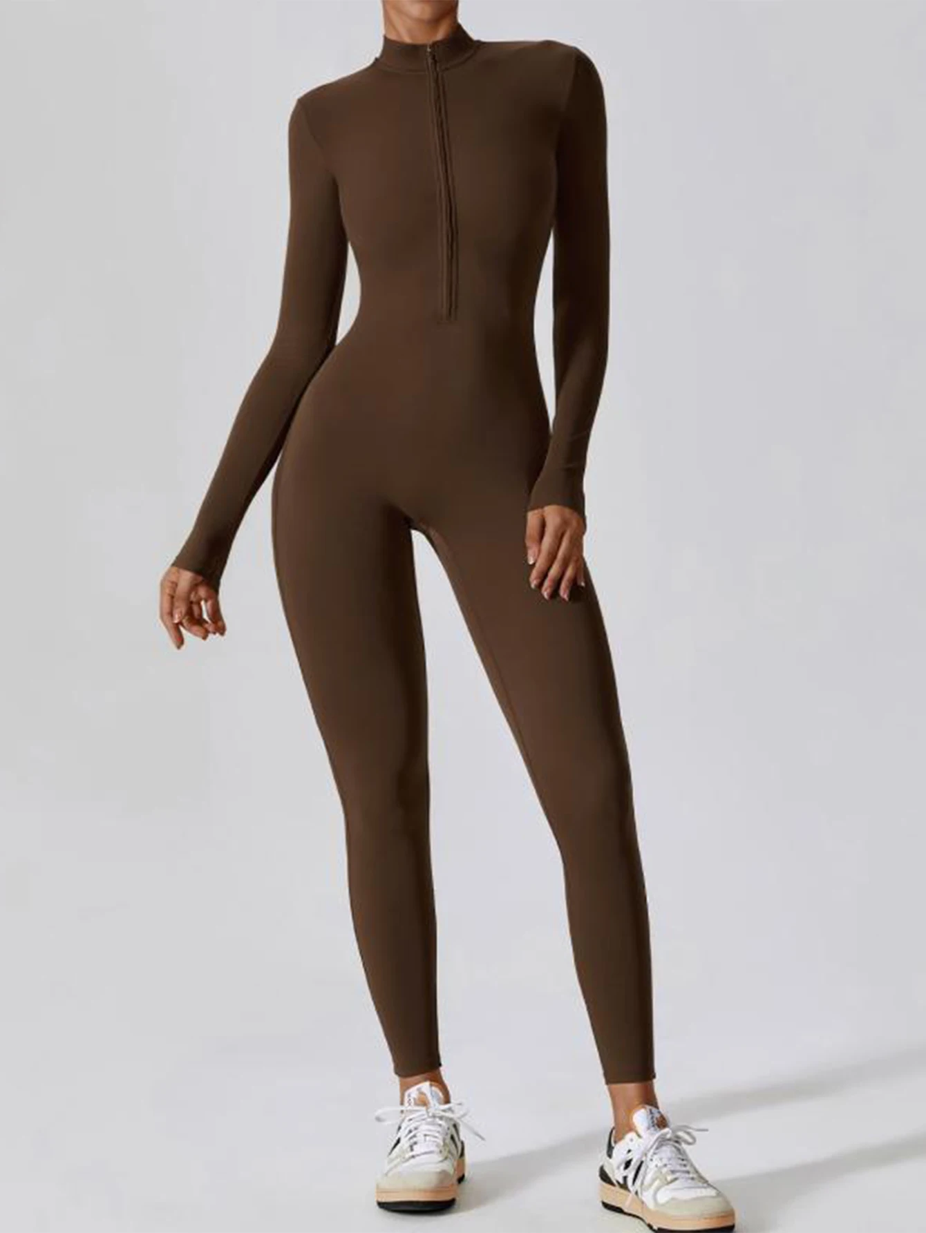 

Autumn Jumpsuits 2025 Women's Sporty Zipper Solid Color Long Sleeve Crew Neck Ankle Skinny Fit Casual Jumpsuits