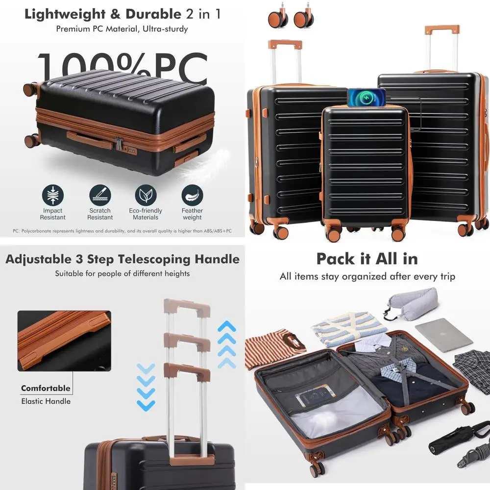 

Набор чемоданов Spinner из 3 предметов со 100% ПК, легкие и прочные, расширяемые чемоданы с твердой поверхностью TSA-Lock для путешествий (черный + брошь)