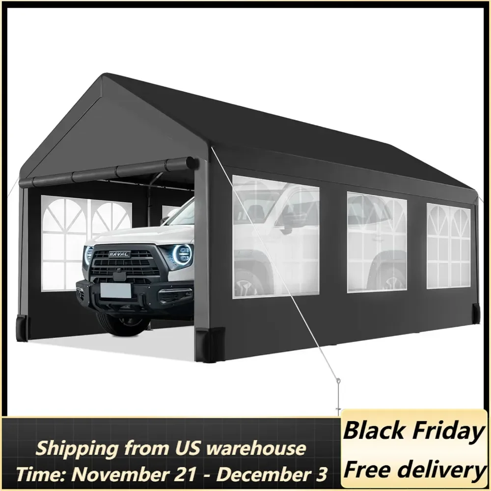 

12 * 20 Heavy Duty Carport Canopy, Portable Car Tent Garage with 6 Roll-Up Windows and All-Season Tarp Cover, Metal Roof