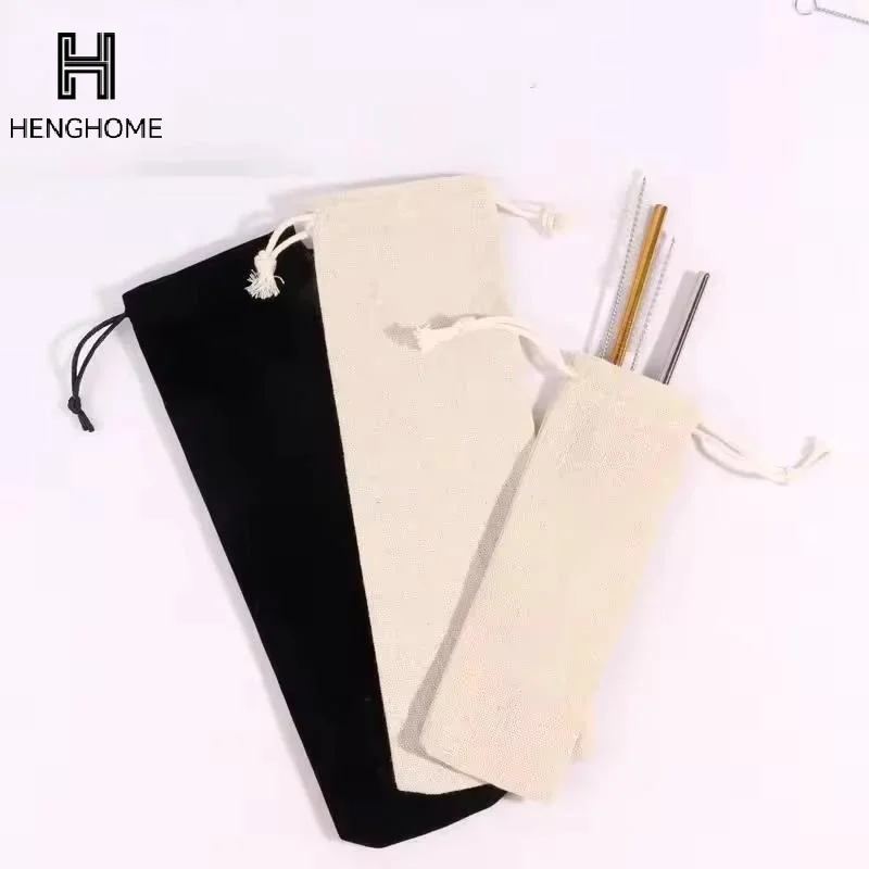 Multi-functional Cotton Linen Drawstring Pocket Dustproof Straw Storage Bag Cutlery Organizer Home