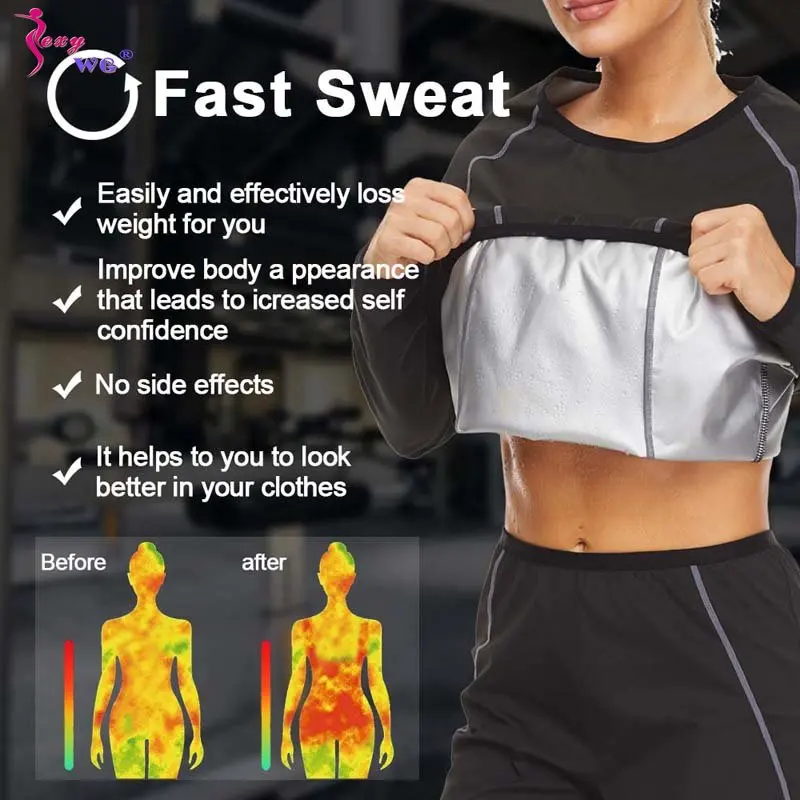 SEXYWG Sauna Top for Women Weight Loss Long Sleeve Sweat Slimming Jacket Fat Burner Fitness Suit Ladies Body Shaper Workout