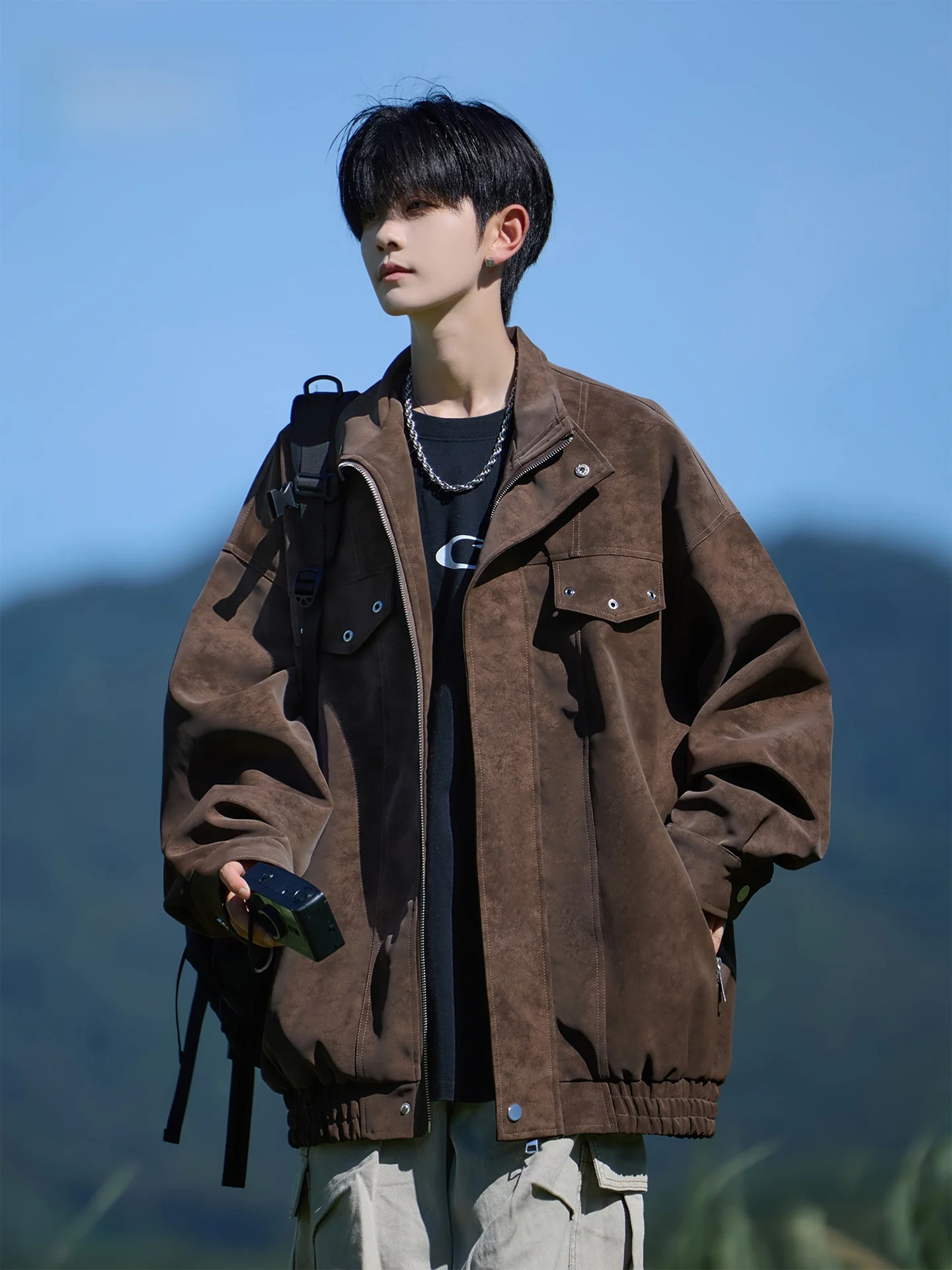 

American Dyed PU Leather Collar Jaet Men's Loose Workwear Sle Fall Winter New Trend Brand Zipper Closure Casual Faion