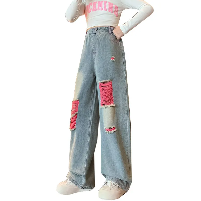 

2024 Girls Fashion Big Broken Hole Jeans For Kids New Spring Summer Trousers Streetwear Ripped Denim Wide Leg Pants 5-14Year Old