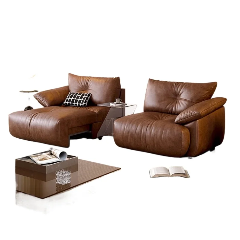 

French retro electric sofa living room adjustable retractable high backrest function medium and ancient oil wax leather sofa bed