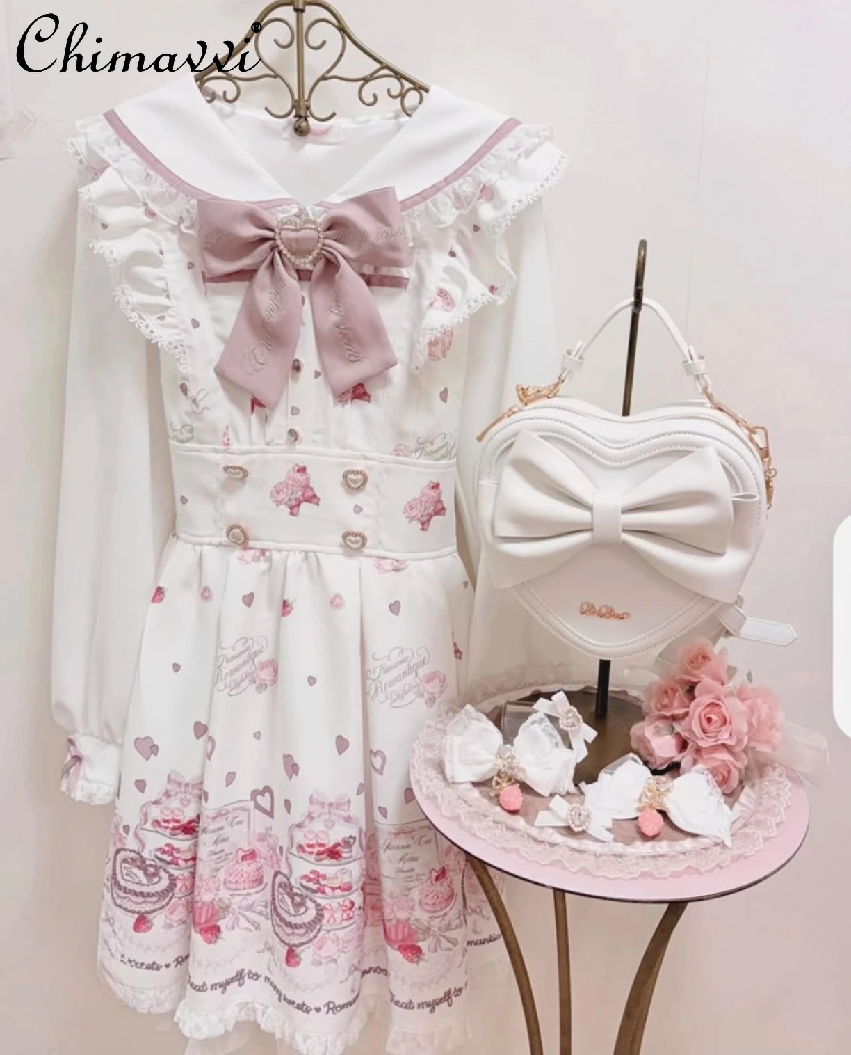 Liz robe Mine doux imprimé robe de thé de l'après-midi costume Production de masse robes à col bleu marine et jupe inférieure Lolita ensemble deux pièces