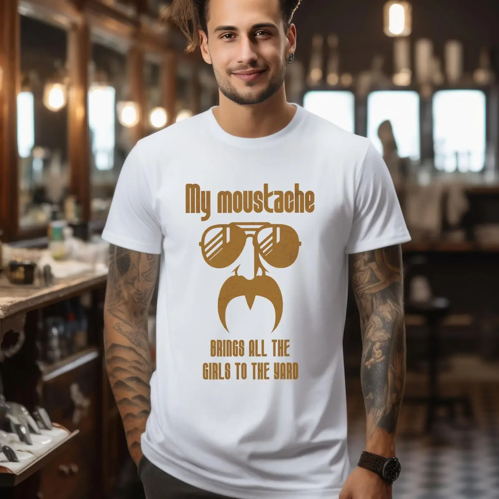 My Moustache Brings All The Girls To Yard Funny Mustache Sunglasses T Shirt Men's vintage Washed fashion Breathable Stretched